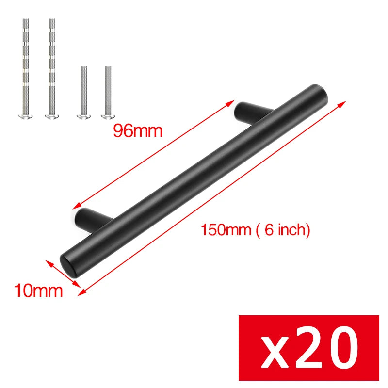 Maßzeichnung T-Bar Griff in Schwarz: Lochabstand 96 mm, Länge 150 mm, Ø 10 mm, mit Schrauben