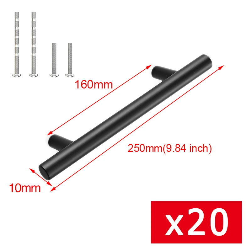 Maßzeichnung T-Bar Griff in Schwarz: Lochabstand 160 mm, Länge 250 mm, Ø 10 mm, mit Schrauben
