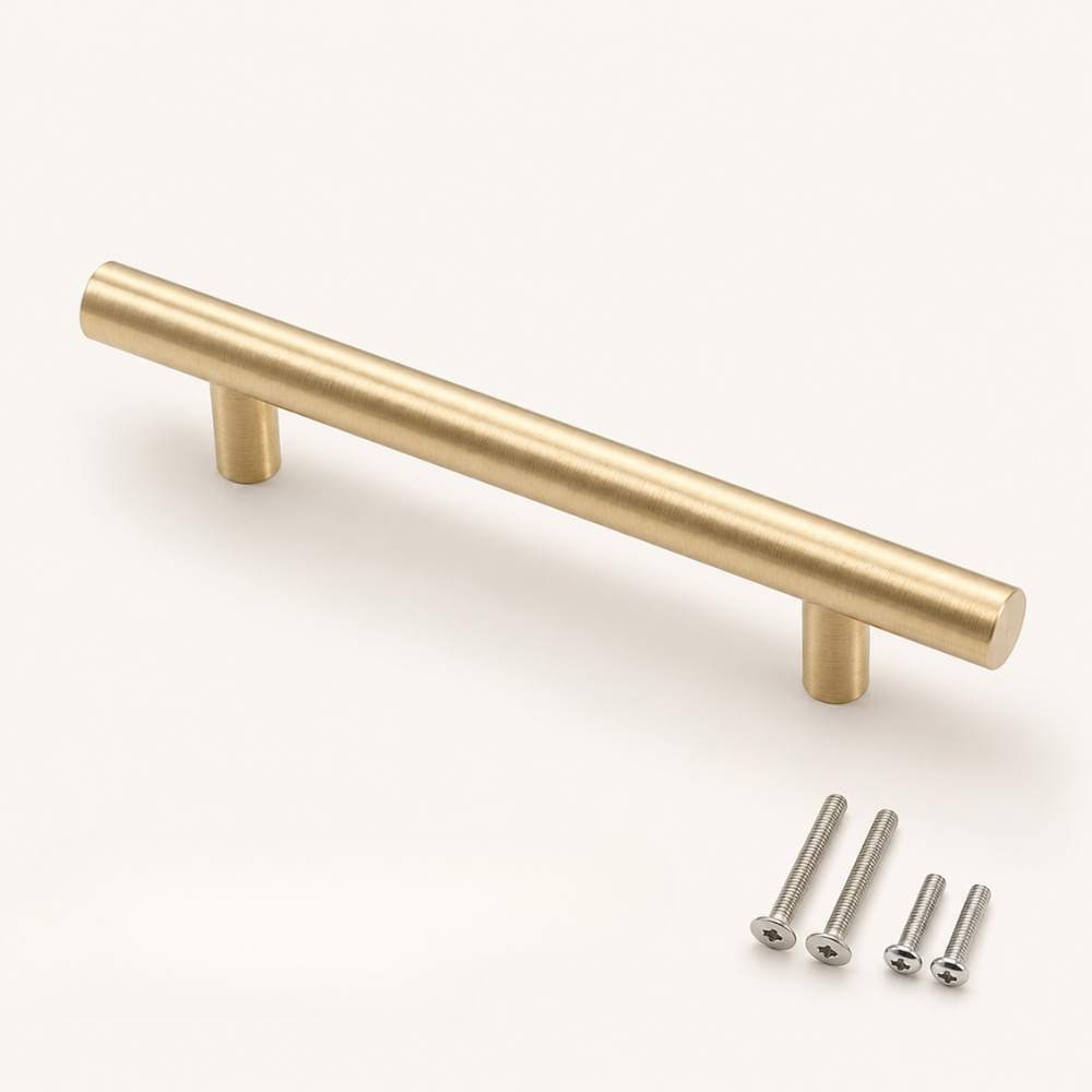 T-Bar Möbelgriff Edelstahl in Gold mit Schrauben auf hellem Hintergrund