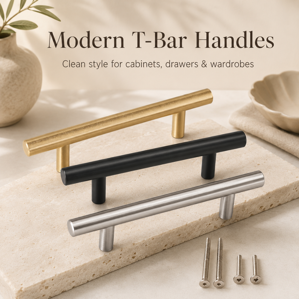 Drei T-Bar Möbelgriffe in Gold, Schwarz und Silber mit Schrauben