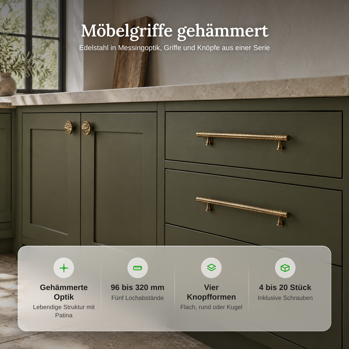 Vorteile der gehämmerten Möbelgriffe: Messingoptik auf Edelstahl, Lochabstand 96 bis 320 mm, vier Knopfformen, 4 bis 20 Stück inkl. Schrauben