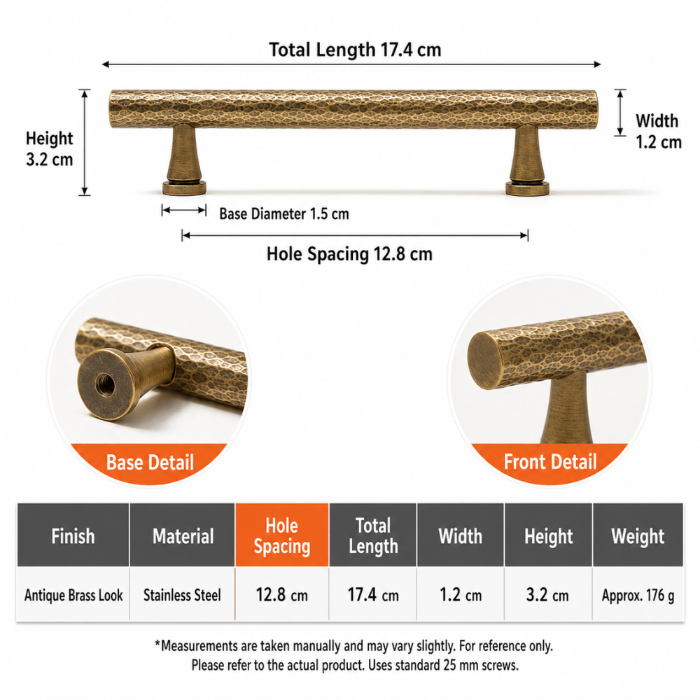 Maßzeichnung gehämmerter Möbelgriff: Lochabstand 12,8 cm, Länge 17,4 cm, Höhe 3,2 cm