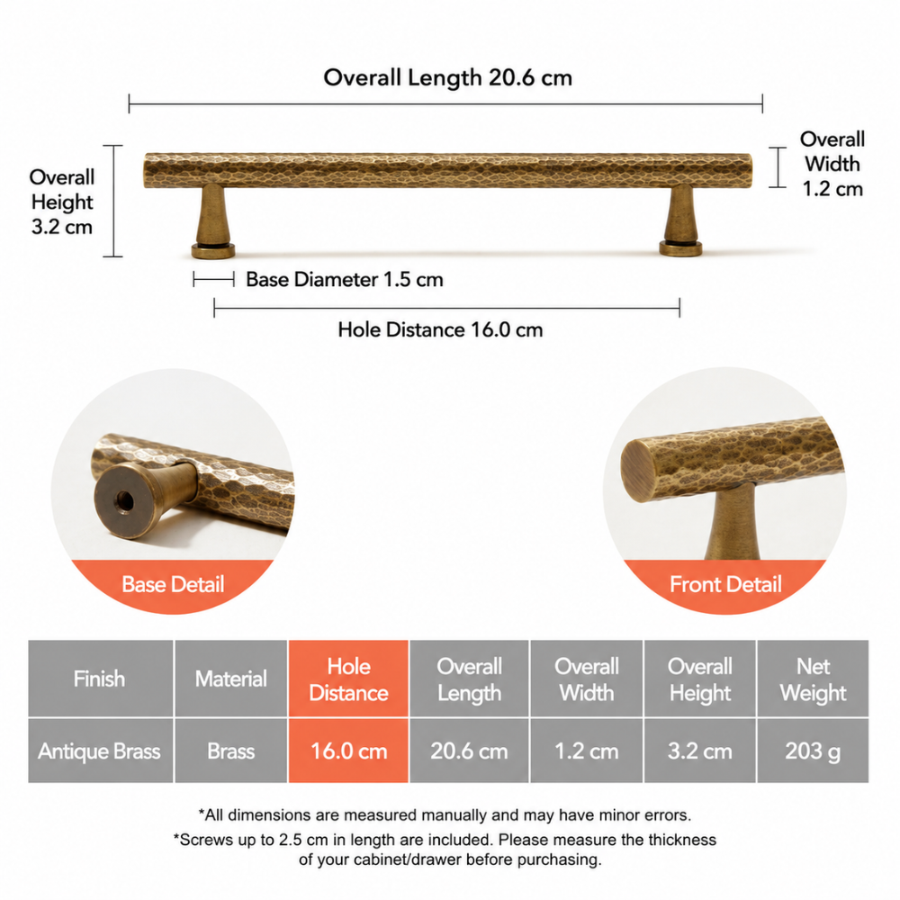 Maßzeichnung gehämmerter Möbelgriff: Lochabstand 16 cm, Länge 20,6 cm, Höhe 3,2 cm