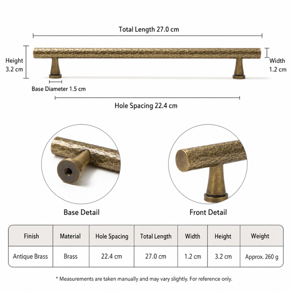 Maßzeichnung gehämmerter Möbelgriff: Lochabstand 22,4 cm, Länge 27 cm, Höhe 3,2 cm