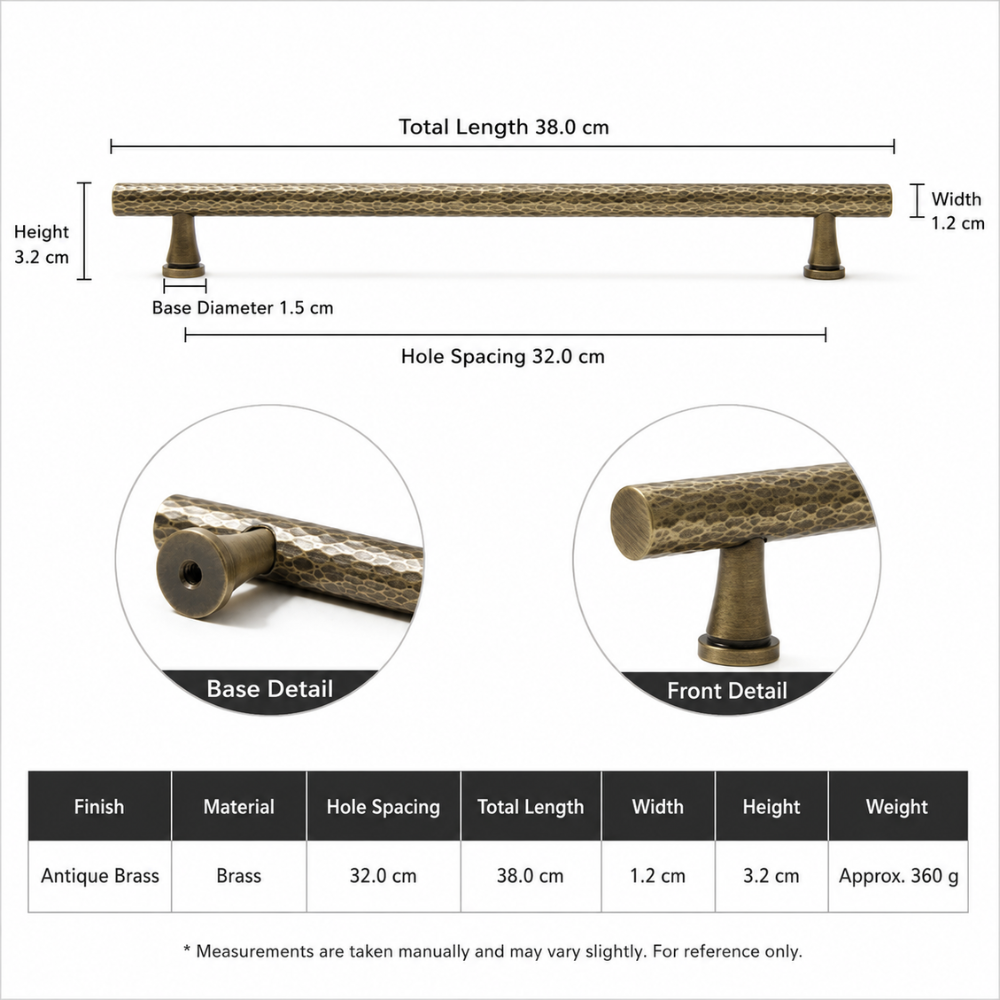 Maßzeichnung gehämmerter Möbelgriff: Lochabstand 32 cm, Länge 38 cm, Höhe 3,2 cm
