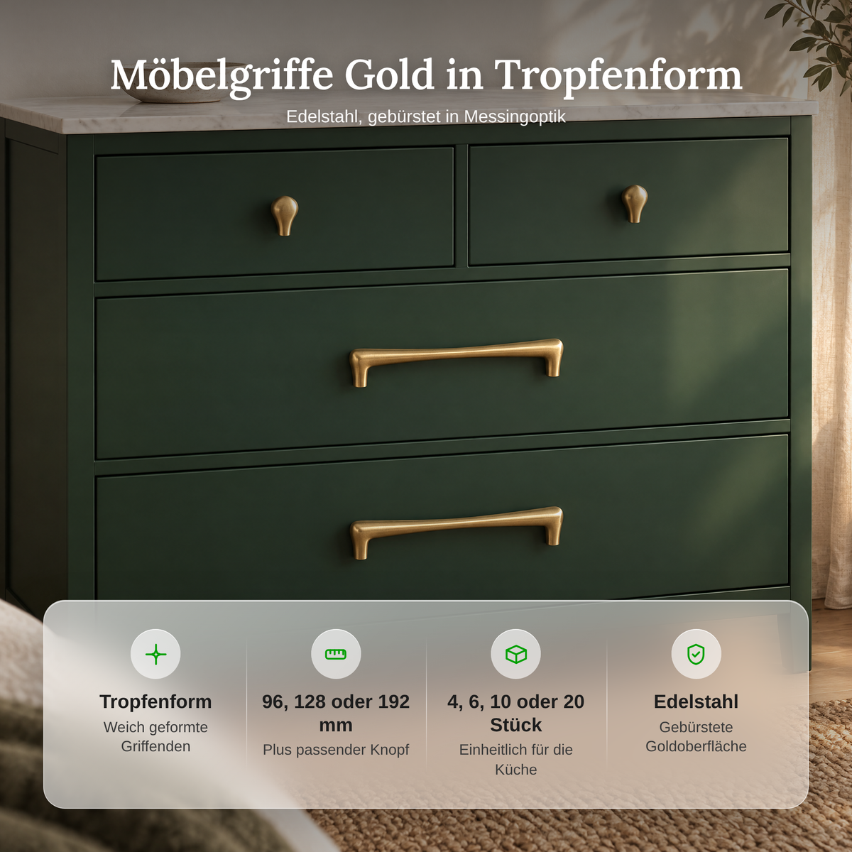 Vorteile der Möbelgriffe Gold in Tropfenform: Lochabstand 96, 128 oder 192 mm, 4 bis 20 Stück, Edelstahl