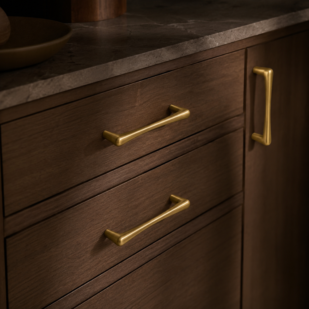 Nussbaumschrank mit goldenen Möbelgriffen
