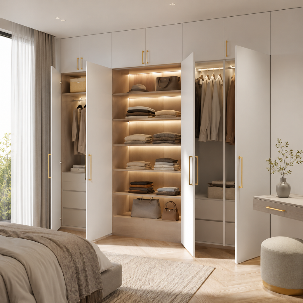 Begehbarer Kleiderschrank mit goldenen Griffen