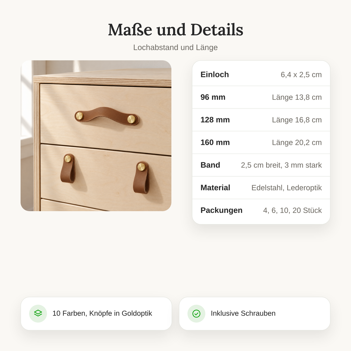 Maße der Möbelgriffe in Lederoptik: Einloch 6,4 cm, Lochabstand 96, 128 und 160 mm