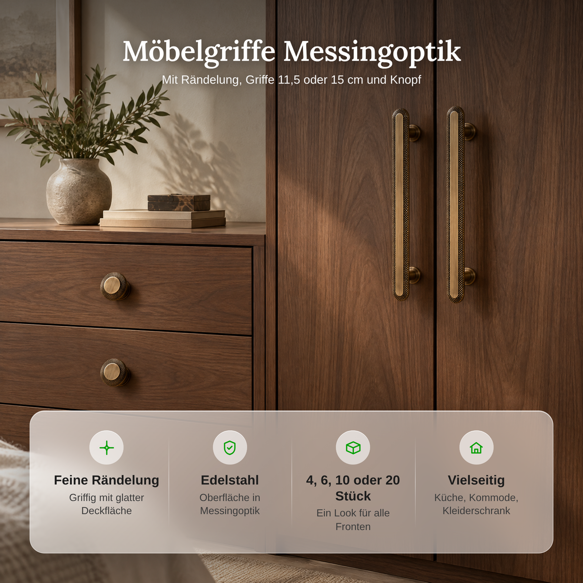 Vorteile der Möbelgriffe Messingoptik: feine Rändelung, Edelstahl, 4, 6, 10 oder 20 Stück, vielseitig einsetzbar