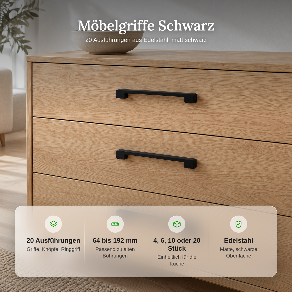 Vorteile der Möbelgriffe Schwarz: 20 Ausführungen, Lochabstand 64 bis 192 mm, 4 bis 20 Stück, Edelstahl