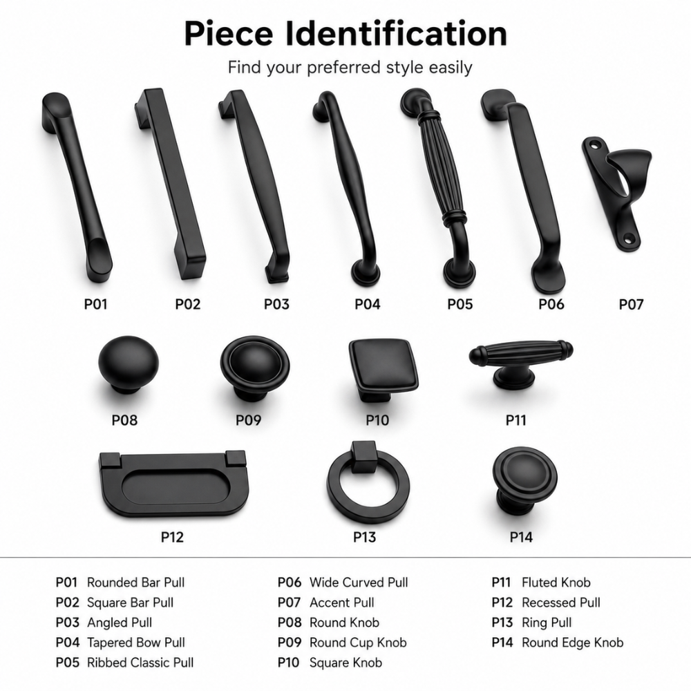 Teileübersicht der schwarzen Möbelgriffe und Möbelknöpfe
