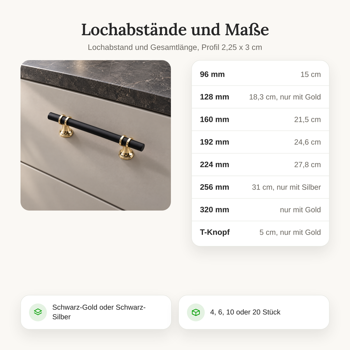 Lochabstände und Maße der T-Bar Möbelgriffe Schwarz von 96 bis 320 mm und T-Knopf