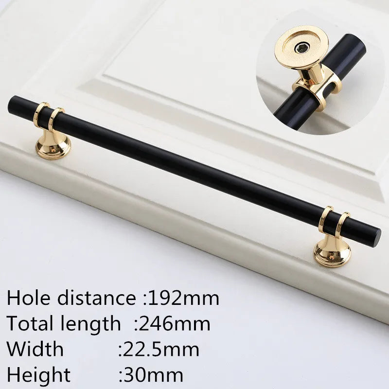 Möbelgriff Schwarz-Gold, Lochabstand 192 mm, Lieferantenfoto mit Maßangaben