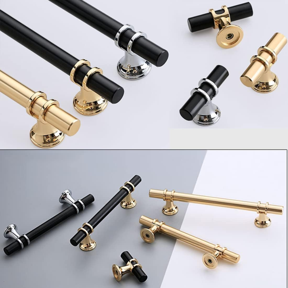 Collage schwarzer T-Bar Griffe und Knöpfe mit Gold und Silber