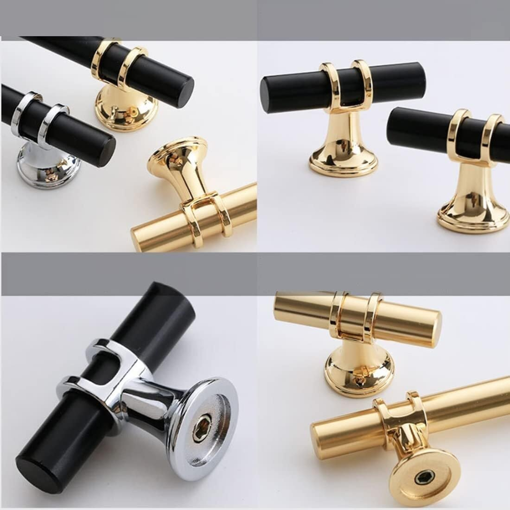 Collage schwarzer T-Knöpfe und Griffe mit Gold und Silber