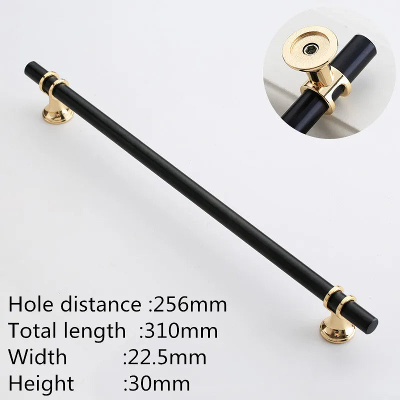 Möbelgriff Schwarz-Gold, Lochabstand 256 mm, Lieferantenfoto mit Maßangaben