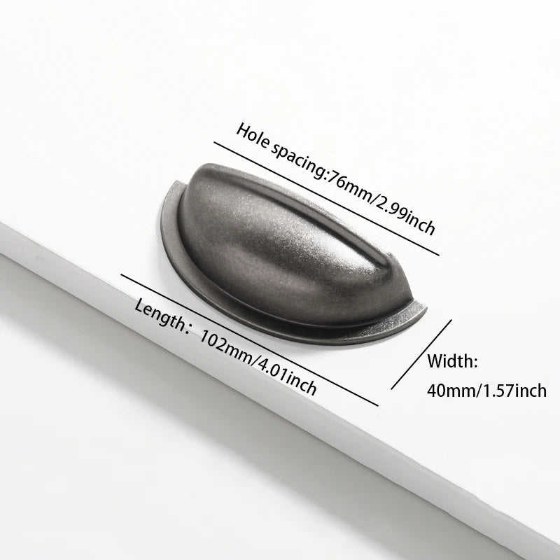 Maßbild Muschelgriff in Antiknickel, Lochabstand 76 mm, Länge 102 mm