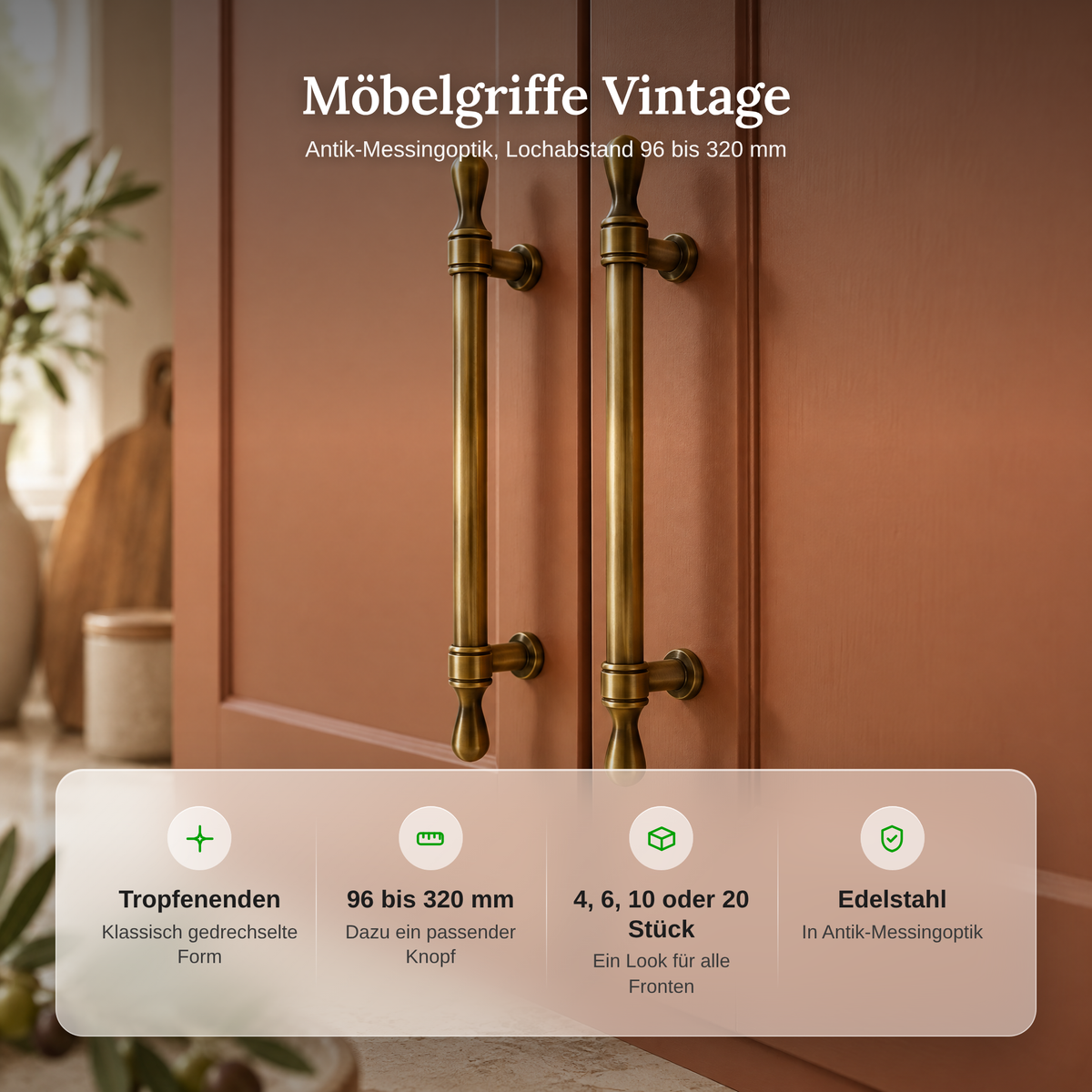 Vorteile der Möbelgriffe Vintage: Tropfenenden, Lochabstand 96 bis 320 mm, 4, 6, 10 oder 20 Stück, Edelstahl