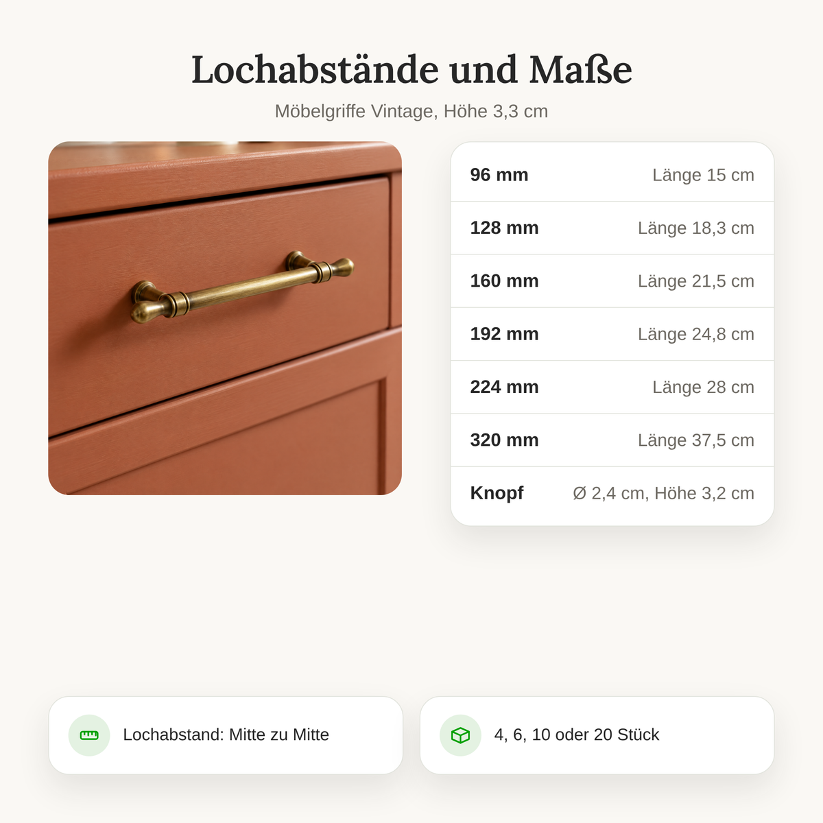 Lochabstände und Maße der Möbelgriffe Vintage von 96 bis 320 mm und Knopf