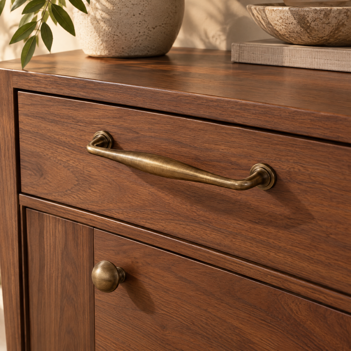 Geschwungener Möbelgriff Vintage in Antikbronze-Optik an einer Nussbaum-Schublade, darunter ein runder Knopf an der Tür