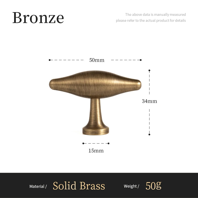 Maßzeichnung des T-Knopfes in Antikbronze-Optik, 5 cm breit, Herstellerbild mit englischem Text