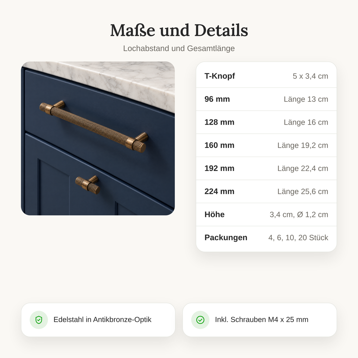 Maße der Möbelgriffe Vintage: T-Knopf 5 cm und Lochabstand 96 bis 224 mm mit Gesamtlänge