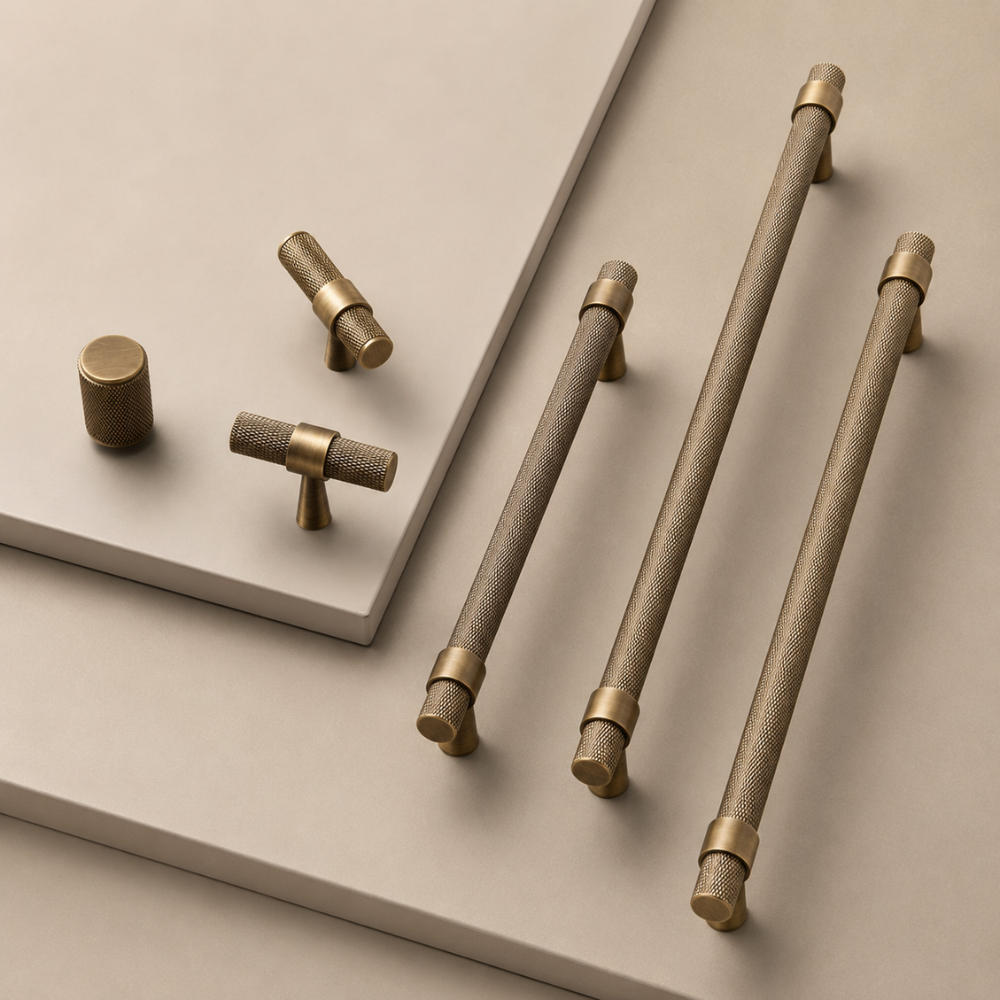 Rändelgriffe und Knöpfe in Antikbronze-Optik auf hellem Untergrund