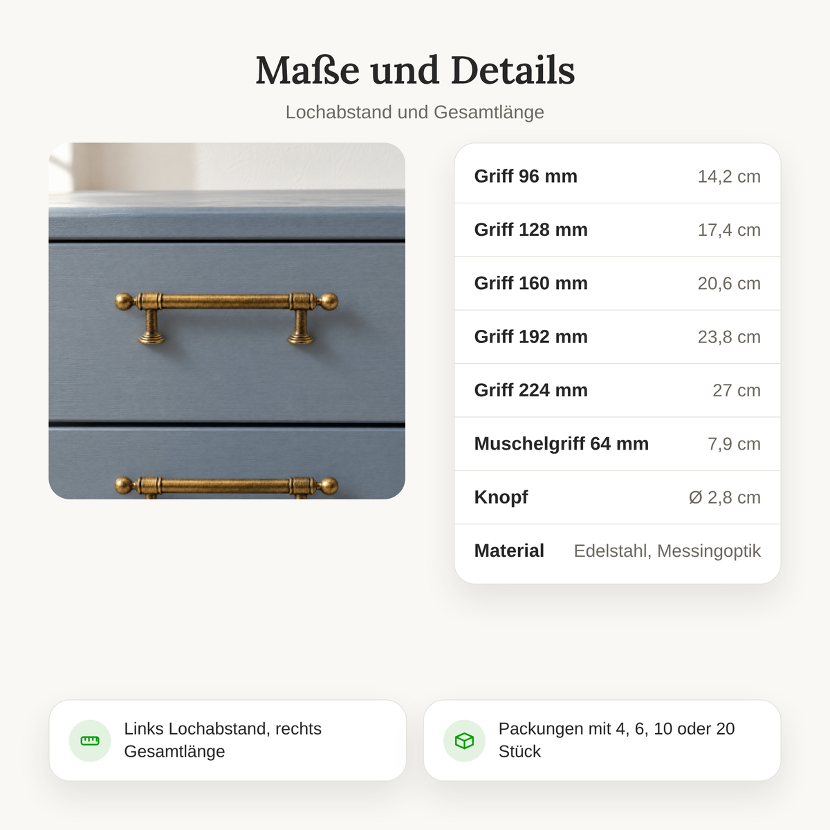 Maße der Möbelgriffe Vintage: Lochabstand 96 bis 224 mm, Muschelgriff 64 mm, Knopf Ø 2,8 cm
