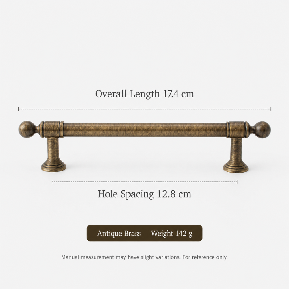 Maßzeichnung Möbelgriff in Messingoptik: Lochabstand 12,8 cm, Gesamtlänge 17,4 cm
