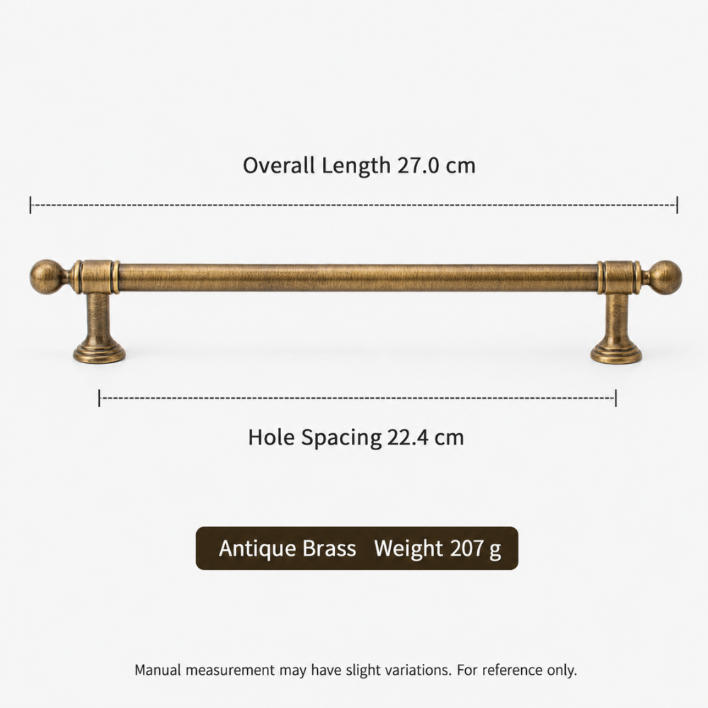 Maßzeichnung Möbelgriff in Messingoptik: Lochabstand 22,4 cm, Gesamtlänge 27 cm