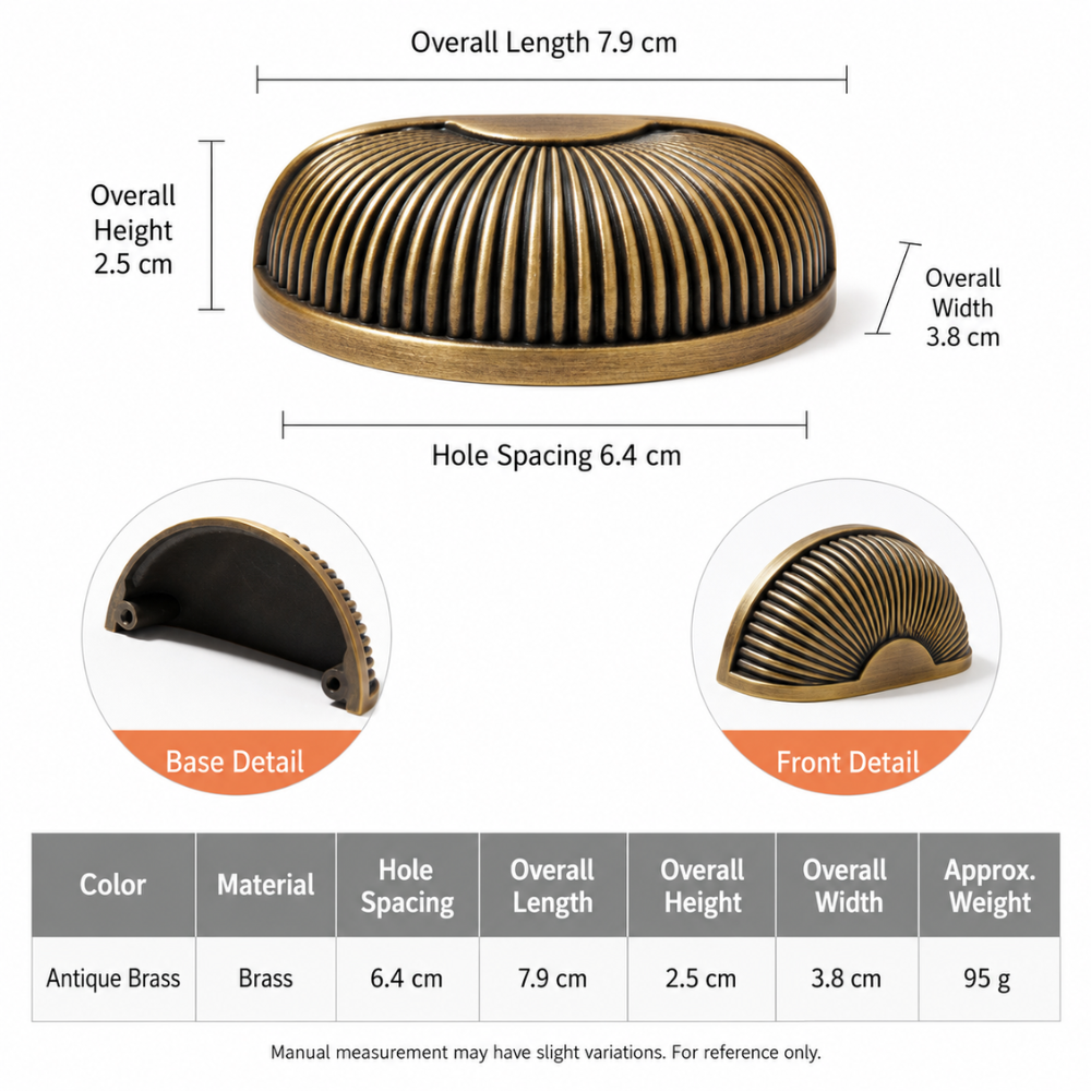 Maßzeichnung Muschelgriff in Messingoptik: Lochabstand 6,4 cm, Länge 7,9 cm, Höhe 2,5 cm