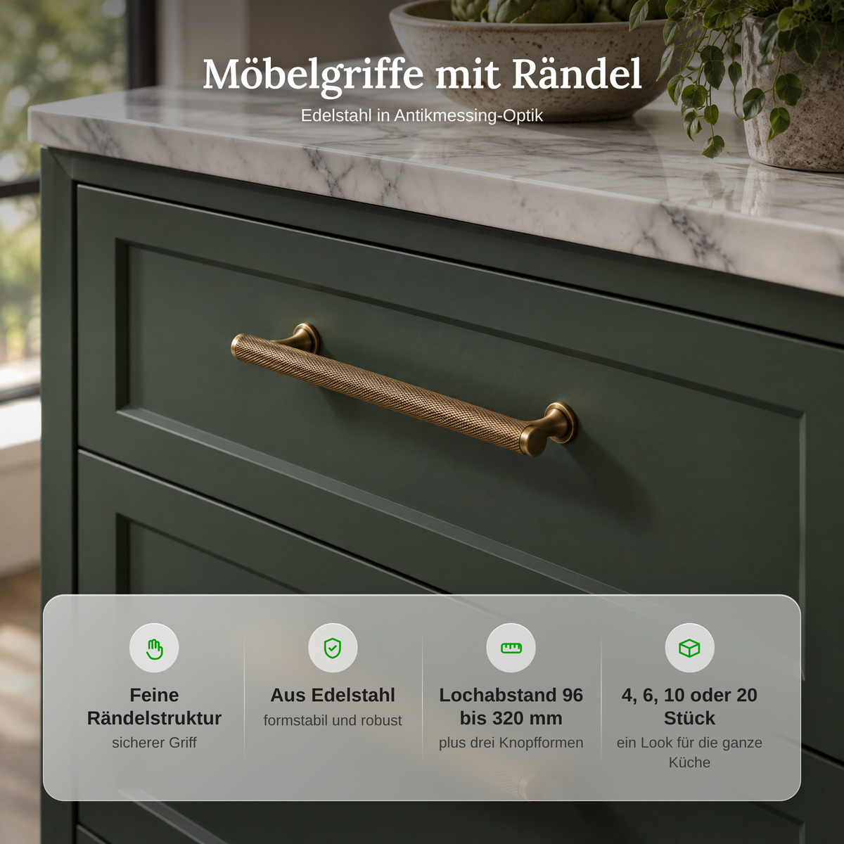 Vorteile der Möbelgriffe mit Rändel: griffige Struktur, Edelstahl, Lochabstand 96 bis 320 mm, 4 bis 20 Stück