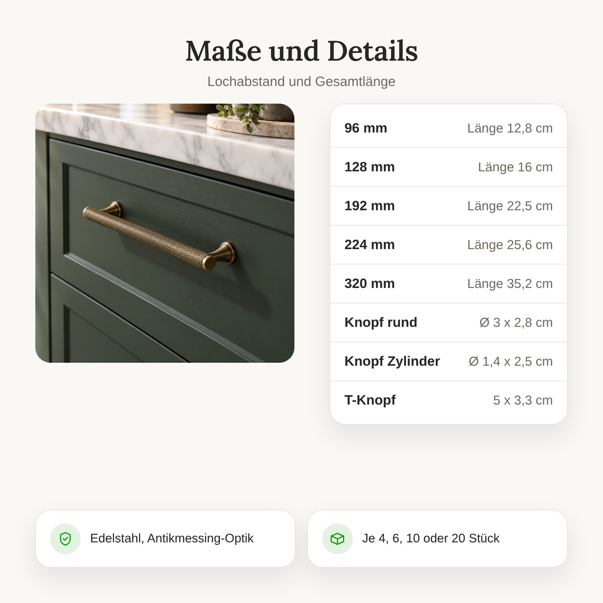 Maße der Möbelgriffe mit Rändel: Lochabstand 96 bis 320 mm, runder Knopf, Zylinderknopf und T-Knopf