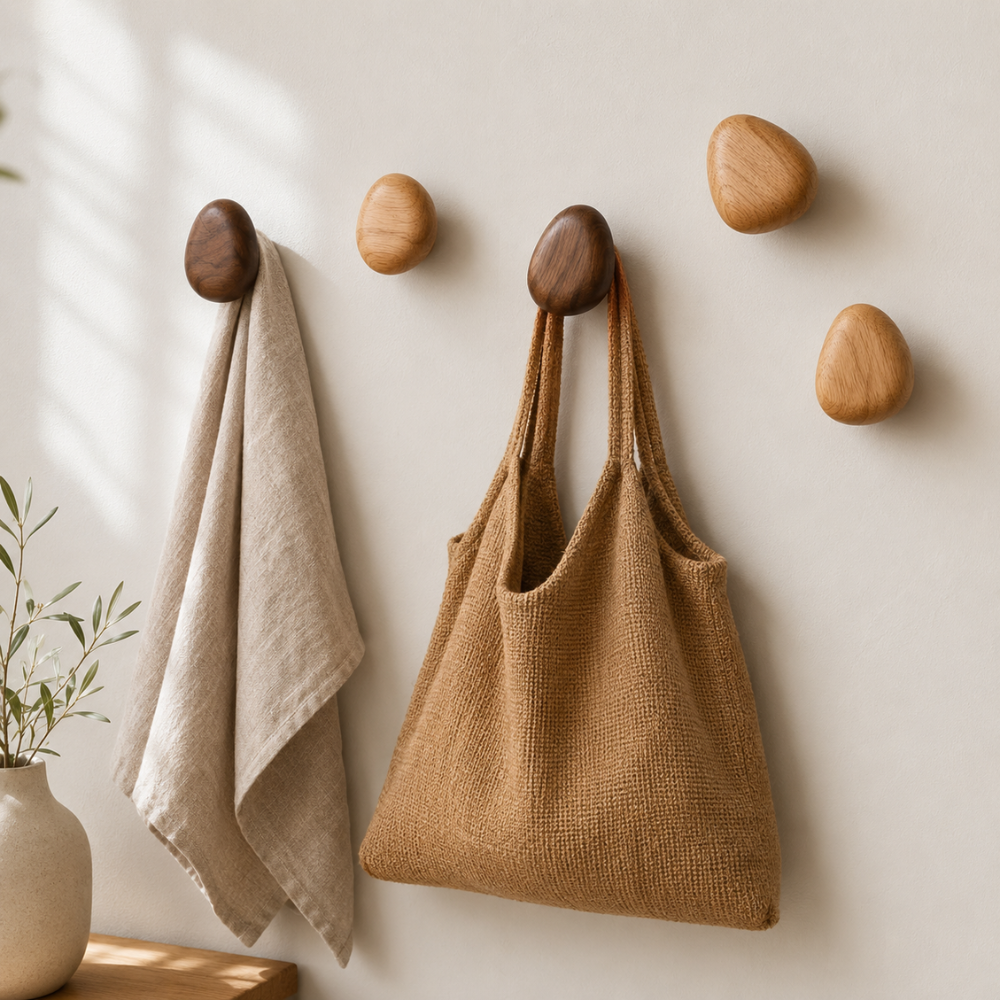 Möbelknöpfe Holz an der Wand als Haken für Tuch und Tasche