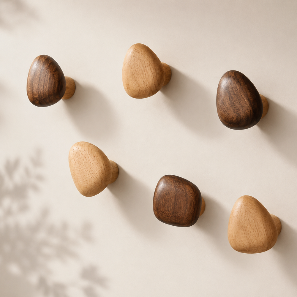 Möbelknöpfe aus Buche und Nussbaum in verschiedenen Formen an heller Wand