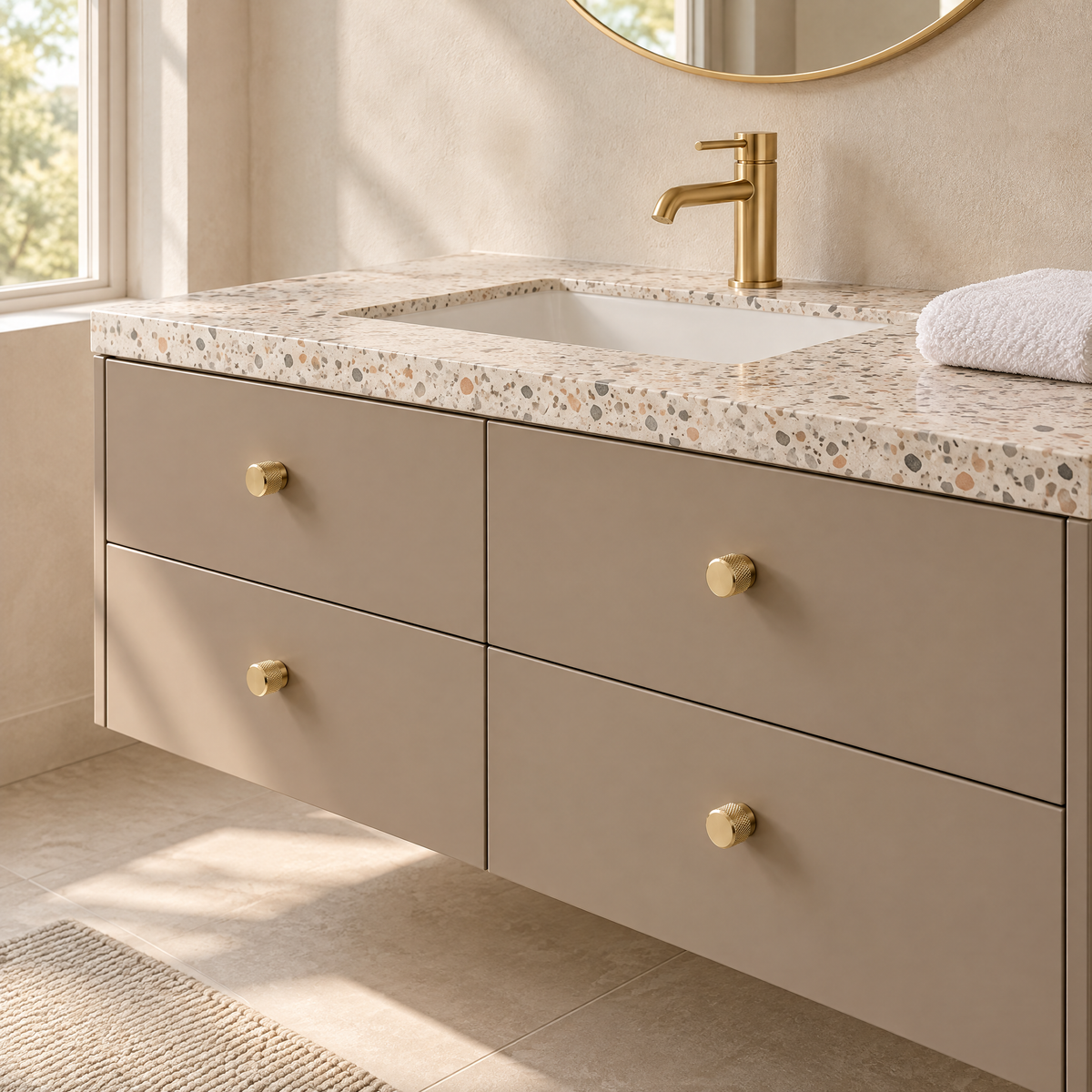 Badezimmer-Waschtisch in Taupe mit runden goldenen Möbelknöpfen und Terrazzo-Platte