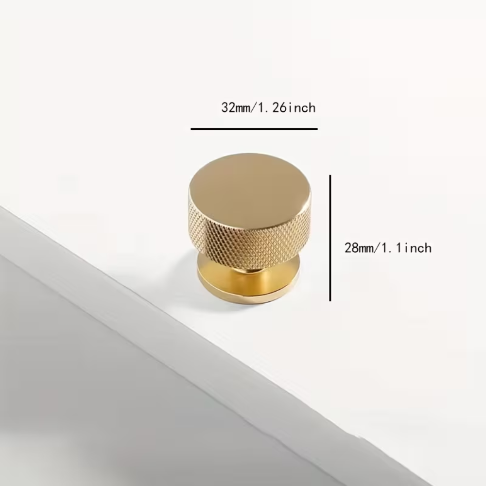 Maßzeichnung breiter gerändelter Möbelknopf Ø 3,2 cm x 2,8 cm in Gold