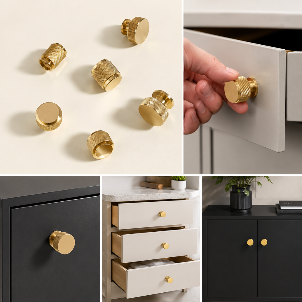 Collage: goldene Möbelknöpfe an Schubladen und Türen