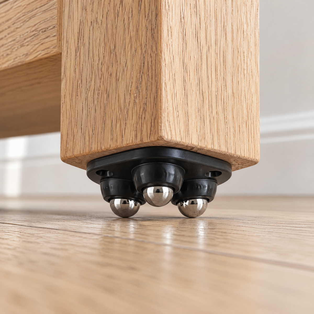 Möbelrollen klein in Schwarz unter dem Eichenbein eines Sideboards, die drei Edelstahlkugeln rollen auf dem Holzboden