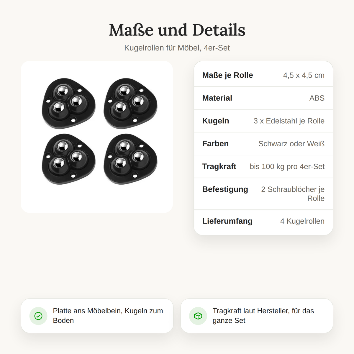 Maße und Details der Möbelrollen klein