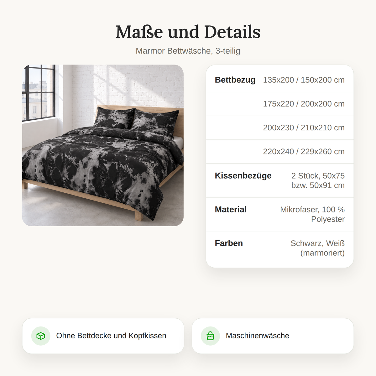 Maße und Details der Marmor Bettwäsche: Größen von 135x200 bis 229x260 cm, 2 Kissenbezüge