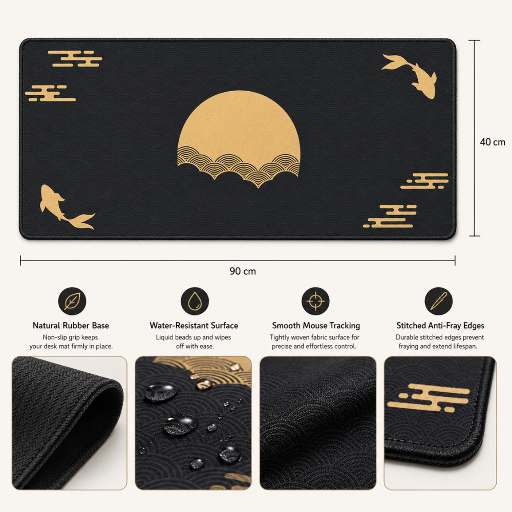 XXL Gaming-Mauspad mit japanischem Koi-Design Schwarz-Gold – Rutschfeste Schreibtischunterlage für Büro, Homeoffice & Gaming