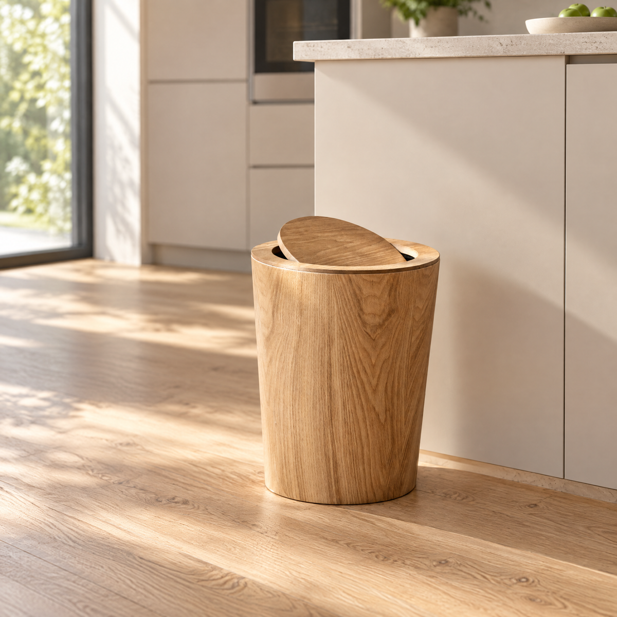 Runder Mülleimer in heller Eiche-Holzoptik mit Schwingdeckel neben einer Kücheninsel