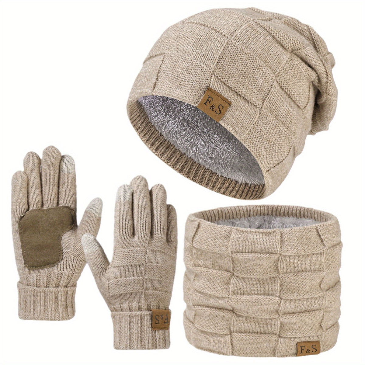 Mütze Schal Set in Beige: Beanie, Schlauchschal und Touchscreen Handschuhe