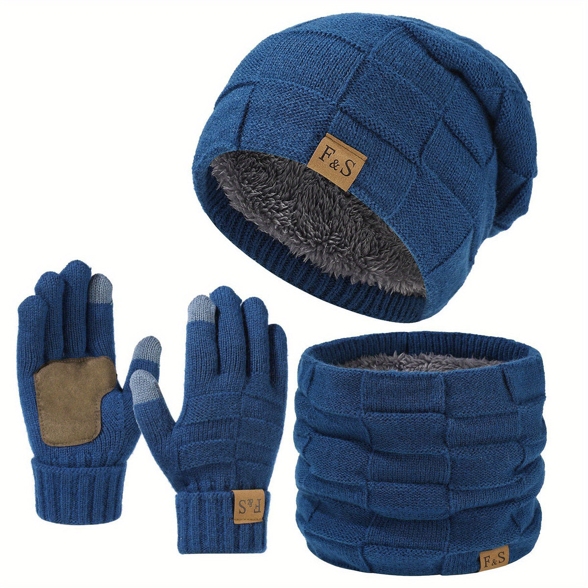 Mütze Schal Set in Blau: Beanie, Schlauchschal und Touchscreen Handschuhe
