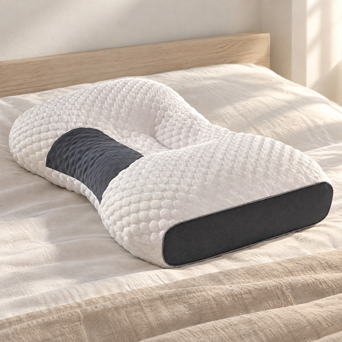 Nackenkissen 48 x 74 cm mit geschwungener Form und Noppenbezug auf einem Bett im Morgenlicht