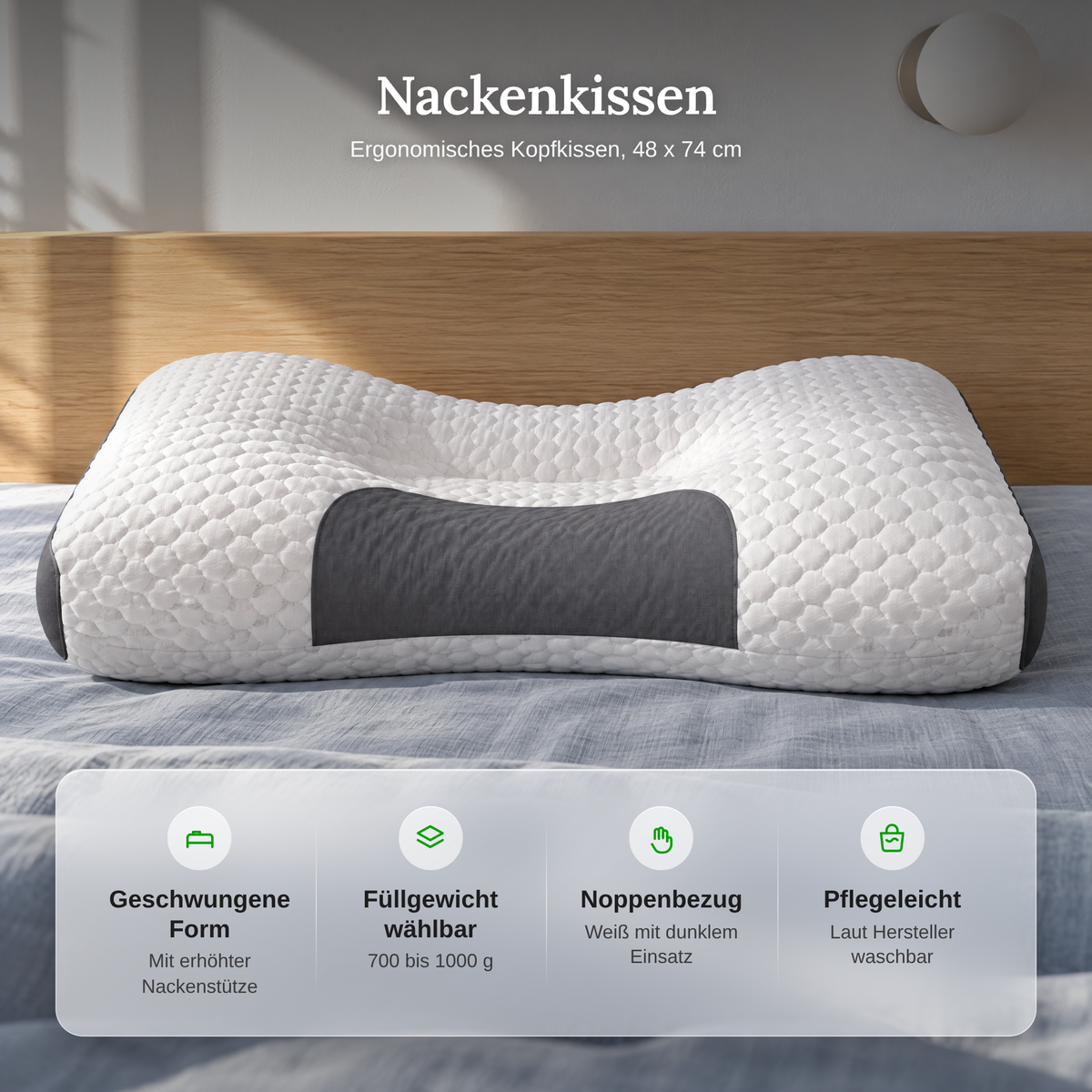 Vorteile des Nackenkissens: geschwungene Form mit Nackenstütze, Füllgewicht 700 bis 1000 g, Noppenbezug, pflegeleicht