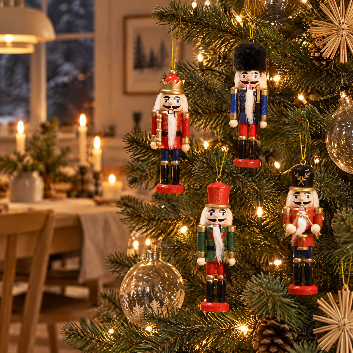 Mini Nussknacker aus Holz hängen mit goldener Schlaufe am Weihnachtsbaum