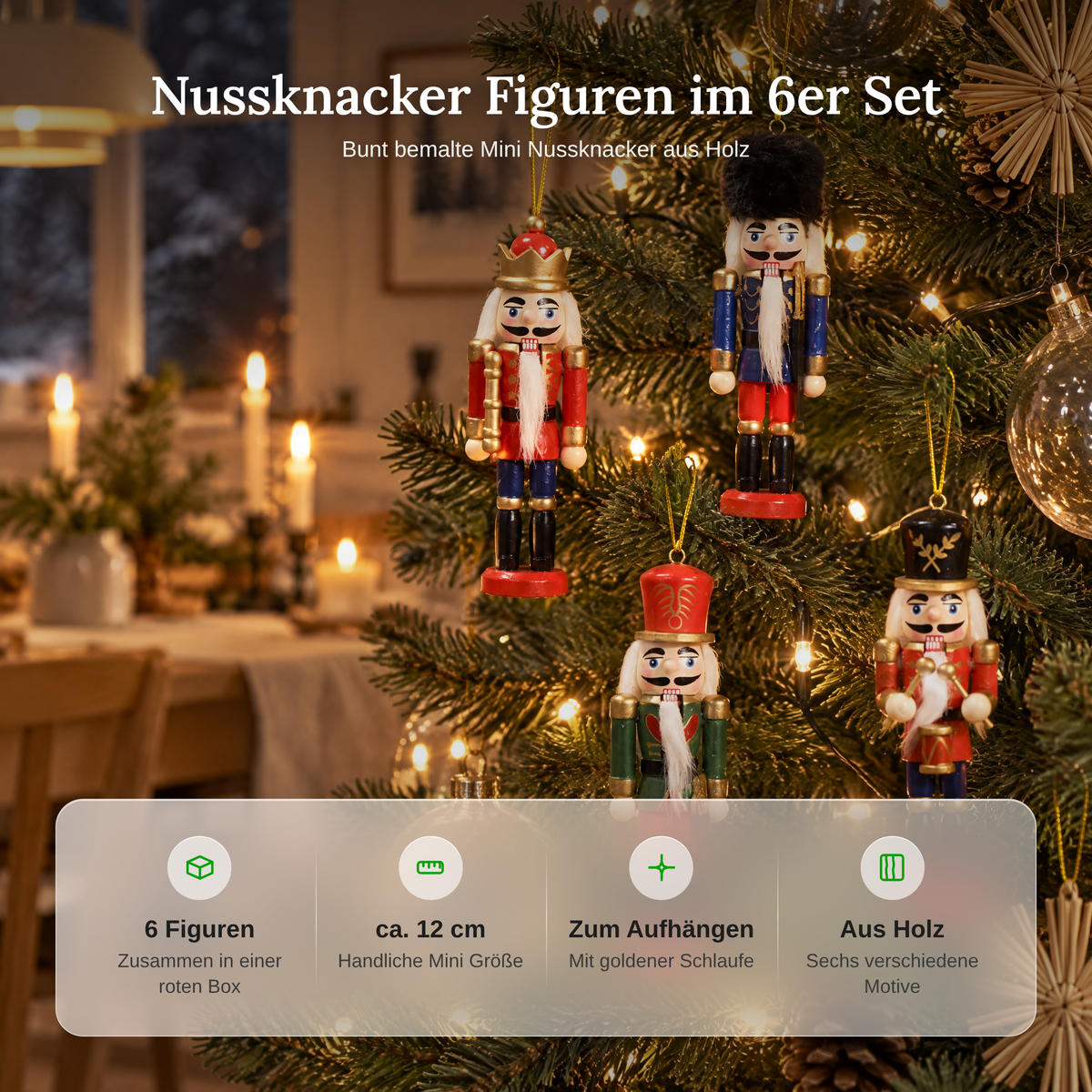 Vorteile der Nussknacker Figuren: 6 Figuren in einer roten Box, ca. 12 cm, zum Aufhängen, aus Holz